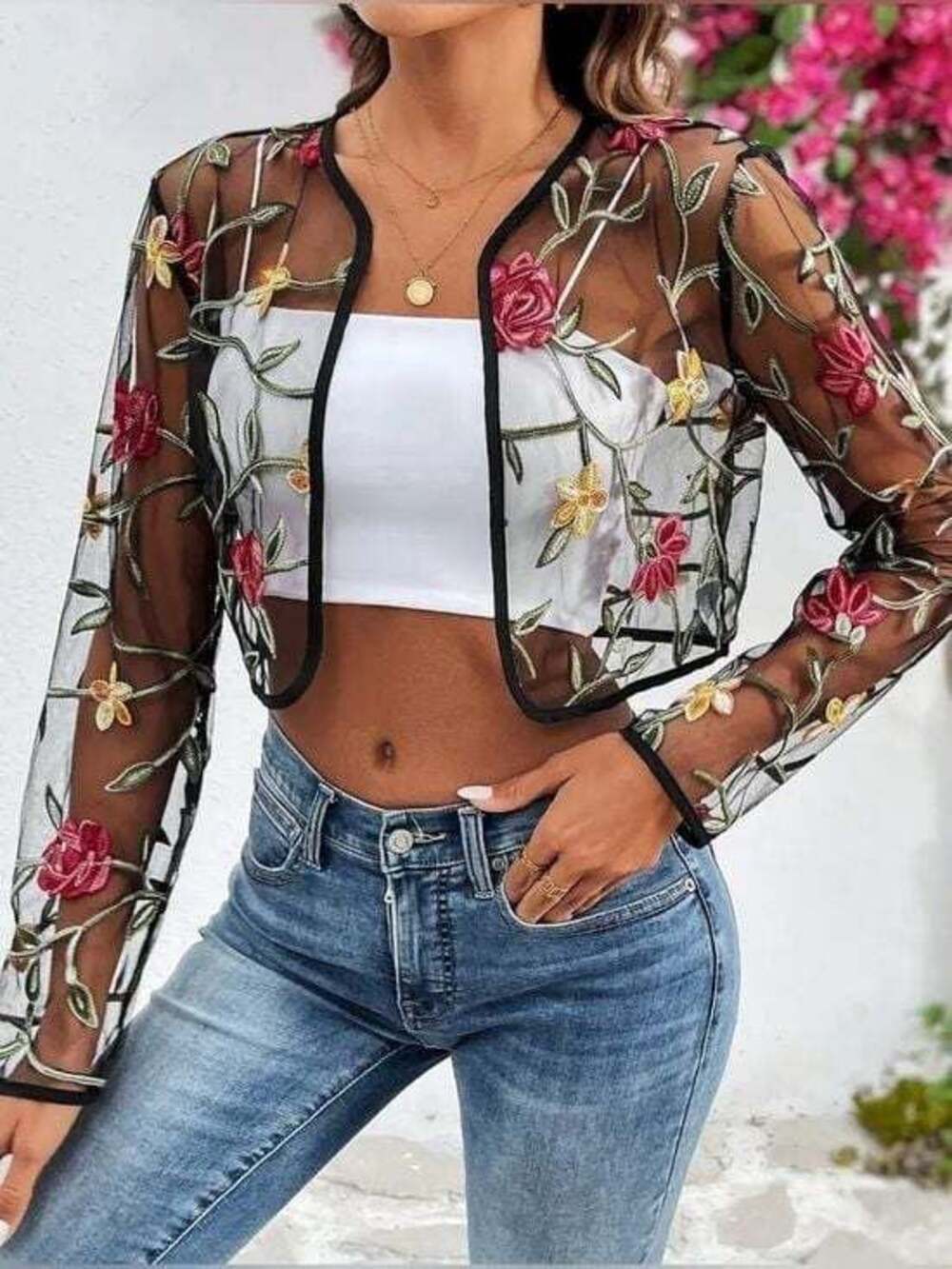 Embroidered Sheer Floral Cropped Cardigan - Black with Red & Gold Flowers Medium - Picture 2 of 4